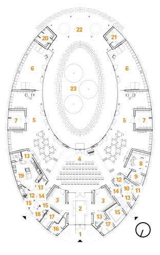 Obr. 2 Pdorys 1. NP: 1  Kryt zvt, 2  Vstupn zna  botnky, 3  atna  atn sknky, 4  Multifunkn sl, 5  Tda, 6  Herna  lehrna, 7  Umvrna  WC, 8  Kancel, 9  Archiv, 10  atna  uitelky, 11  Umvrna, 12  klidov mstnost, 13  WC, 15  Sklad, 16  Technick mstnost, 17  Prdelna, 18  atna-kuchy,  19  Kuchy, 20  Venkovn WC, 21  Sklad hraek, 22  Kryt terasa, 23  Atrium