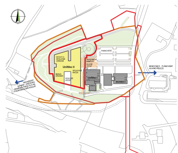 Obr. 02 Celkov situace stavby UniMec II (II. etapa vyznaena lut)