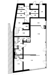 Obr. 08 Pdorys bytovho domu 1.NP, 1  prodejna; 2  spoleensk centrum; 3  kancel; 4  sklad; 5  peds; 6  hygienick zazen mui, peds 7  hygienick zazen mui; 8  hygienick zazen eny, invalid; 9  klid; 10  hygienick zazen; 11  zdve; 12  vstupn hala, schodit; 13  kola, korky; 14  sklep; 15  klidov komora; 16  technick mstnost; 17  vtah; 18  sklad, dlna; 19  popelnice