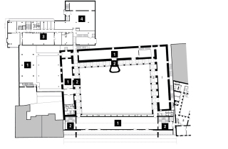 Obr. 07 Pdorys 3. N. P.: 1. vstav sly, 2. komunikcie,  3. administratva, 4. nov depozitr