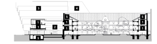 Obr. 08 Rezopohad jun: 1. vstavn sly, 2. vek sla - trium, 3. administratva, 4. nov depozitr, 5. technick priestory