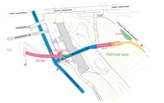 Obr. 02 Koordinan situace. SO 01  tn a schodiov achta; SO 02  spadit; SO 03  propojen schodit se tolou X; SO 04  rekonstrukce toly X; SO 05  propojen dna spadit se tolou XXI; SO 06  vstup do podzemnho dla; SO 07  raba toly XXI v. novho vstupnho portlu