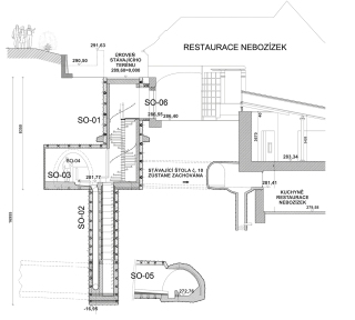Obr. 03 een nedostatenho odvodnn svahu, podln ez. SO 01  tn a schodiov achta; SO 02  spadit; SO 03  propojen schodit se tolou X; SO 04  rekonstrukce toly X; SO 05  propojen dna spadit se tolou XXI; SO 06  vstup do podzemnho dla