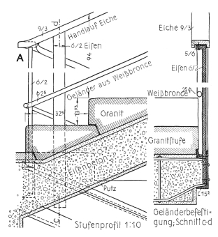 Obr. 4 Detail schodit v budov bvalch elektrickch podnik v Praze (architekti Adolf Ben a Josef K) (zdroj: Die Bauelementen III,  F. Schuster, 1943)