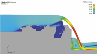 Obr. 14a Simulace jezovho provozu na hydrodynamickm modelu hornch vrat (zdroj: projektov dokumentace, AQUATIS, a.s., 2019)
