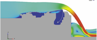 Obr. 14c Simulace jezovho provozu na hydrodynamickm modelu hornch vrat (zdroj: projektov dokumentace, AQUATIS, a.s., 2019)